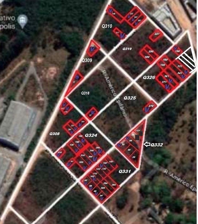 Mapa dos lotes do Jardim Floramar, com os lotes vendidos marcados em vermelho